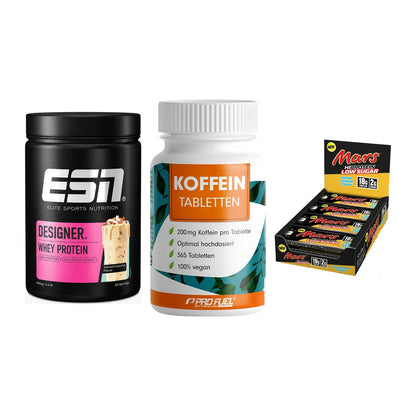 Home-Gym-Starter: ESN Designer + ProFuel Koffein + 5× Mars Low Sugar – alle enthaltenen Artikel