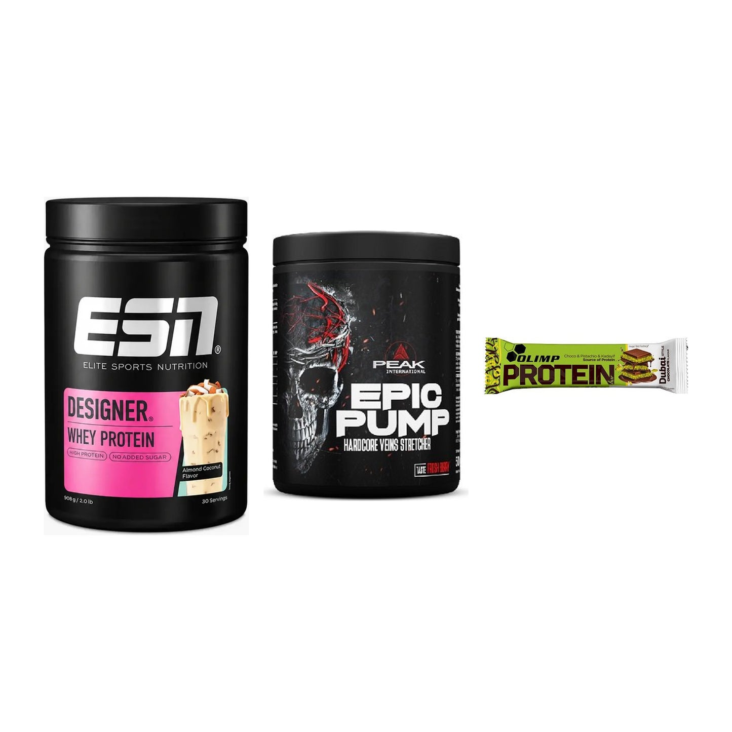 Home-Gym-Starter: ESN Designer + Peak EPIC Pump + 5× Olimp Protein – alle enthaltenen Artikel