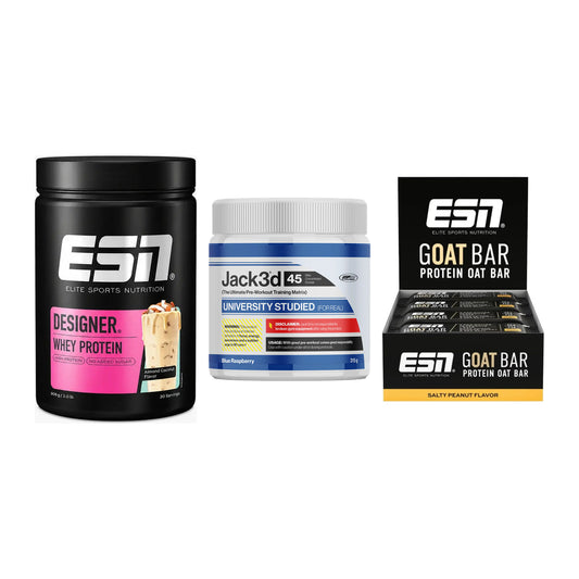 Home-Gym-Starter: ESN Designer + USP Labs Jack3d + 5× ESN Goat Bar – alle enthaltenen Artikel