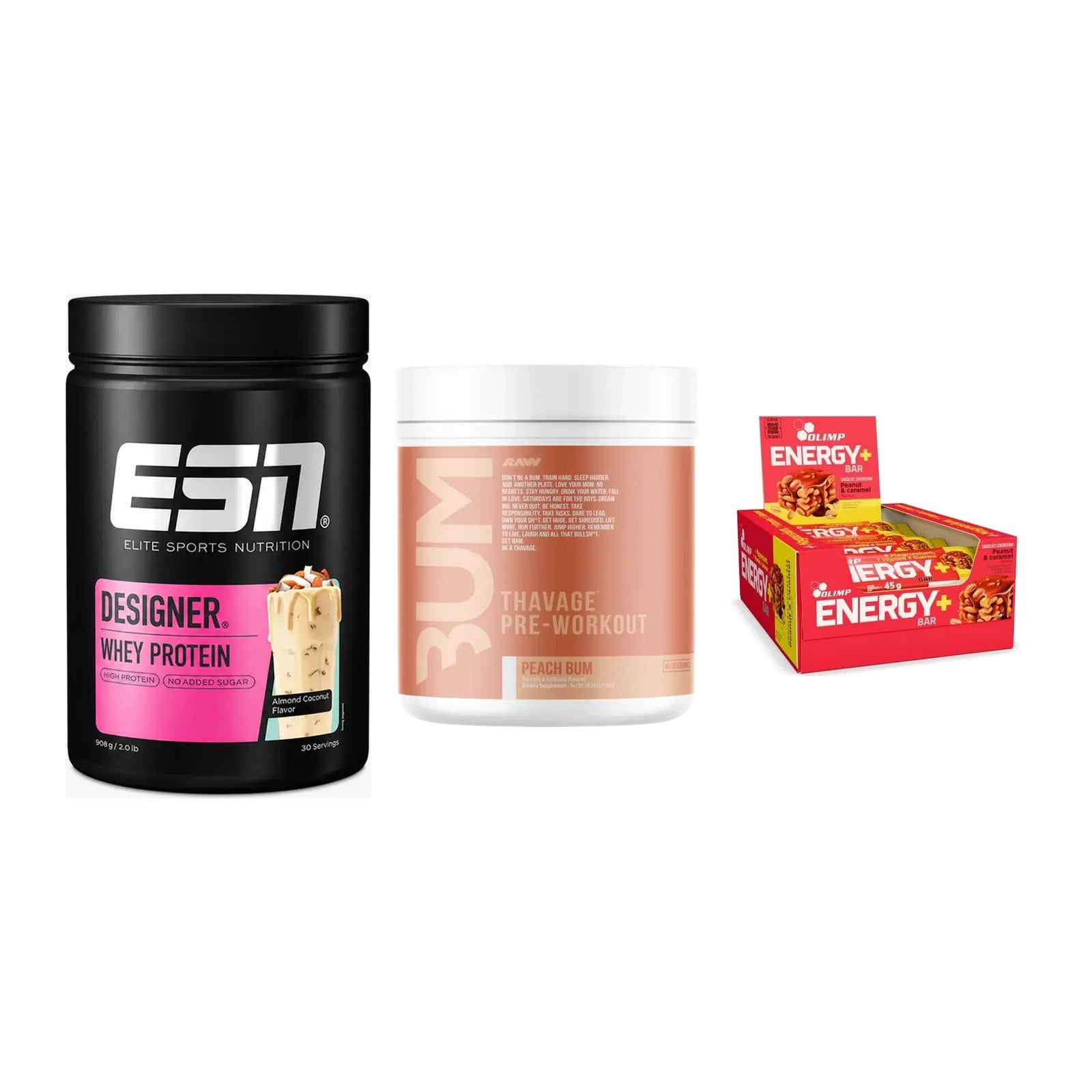 Home-Gym-Starter: ESN Designer + RAW Nutrition + 5× Olimp Energy – alle enthaltenen Artikel