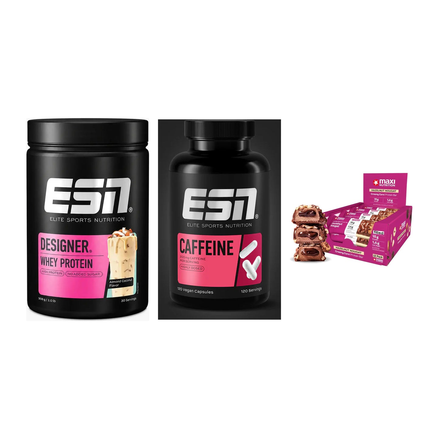 Home-Gym-Starter: ESN Designer + ESN Caffeine + 5× MaxiNutrition – alle enthaltenen Artikel