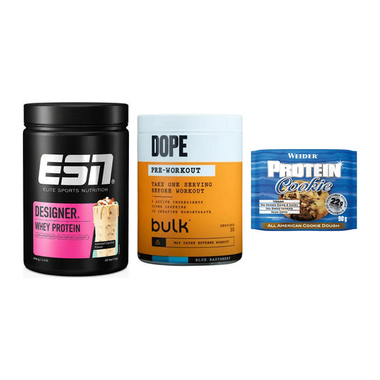 Home-Gym-Starter: ESN Designer + Bulk Dope + 5× Weider Protein – alle enthaltenen Artikel