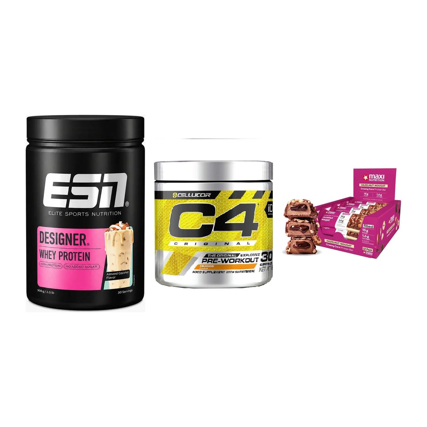 Home-Gym-Starter: ESN Designer + Cellucor C4 + 5× MaxiNutrition – alle enthaltenen Artikel
