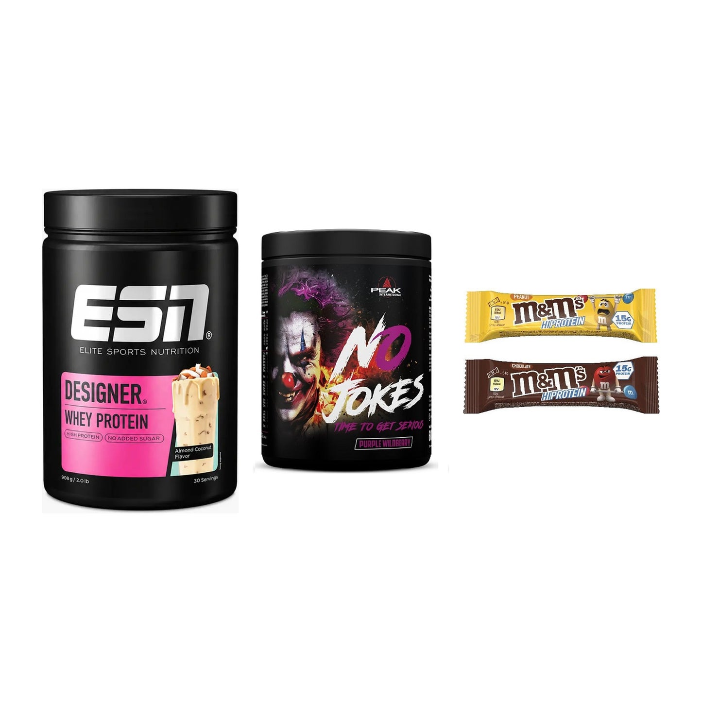 Home-Gym-Starter: ESN Designer + Peak No Jokes + 5× M&M Protein Bar – alle enthaltenen Artikel
