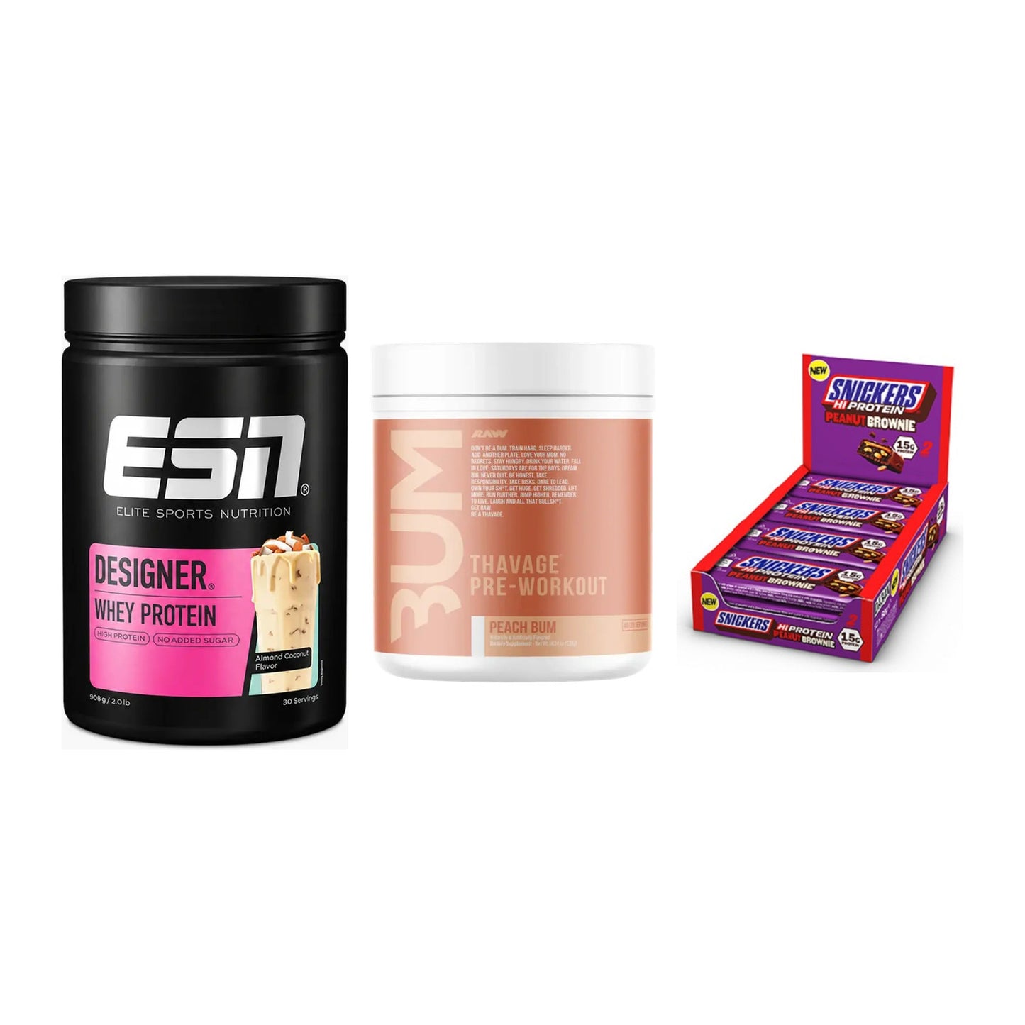 Home-Gym-Starter: ESN Designer + RAW Nutrition + 5× Snickers High – alle enthaltenen Artikel