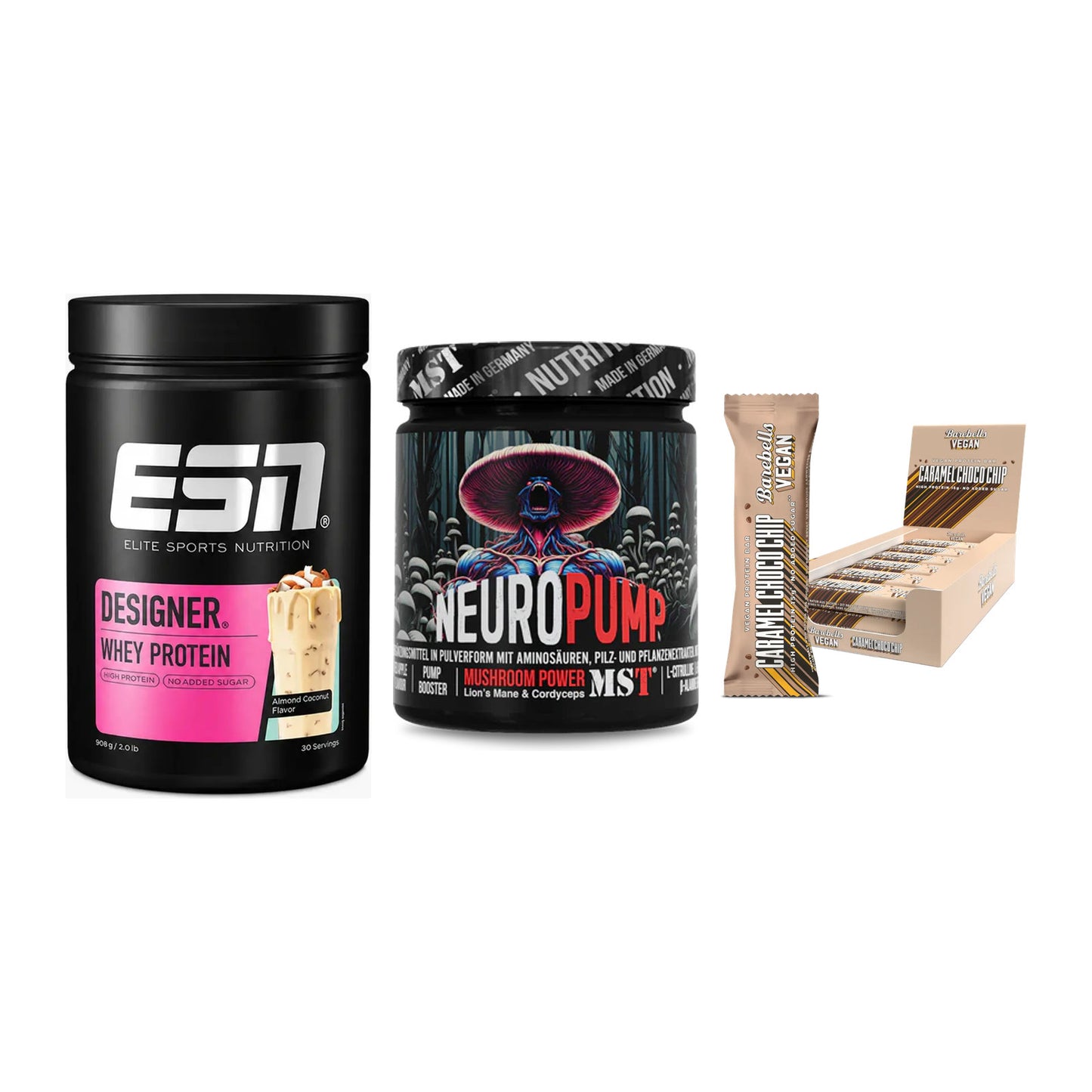 Home-Gym-Starter: ESN Designer + MST NeuroPump + 5× Barebells Vegan – alle enthaltenen Artikel