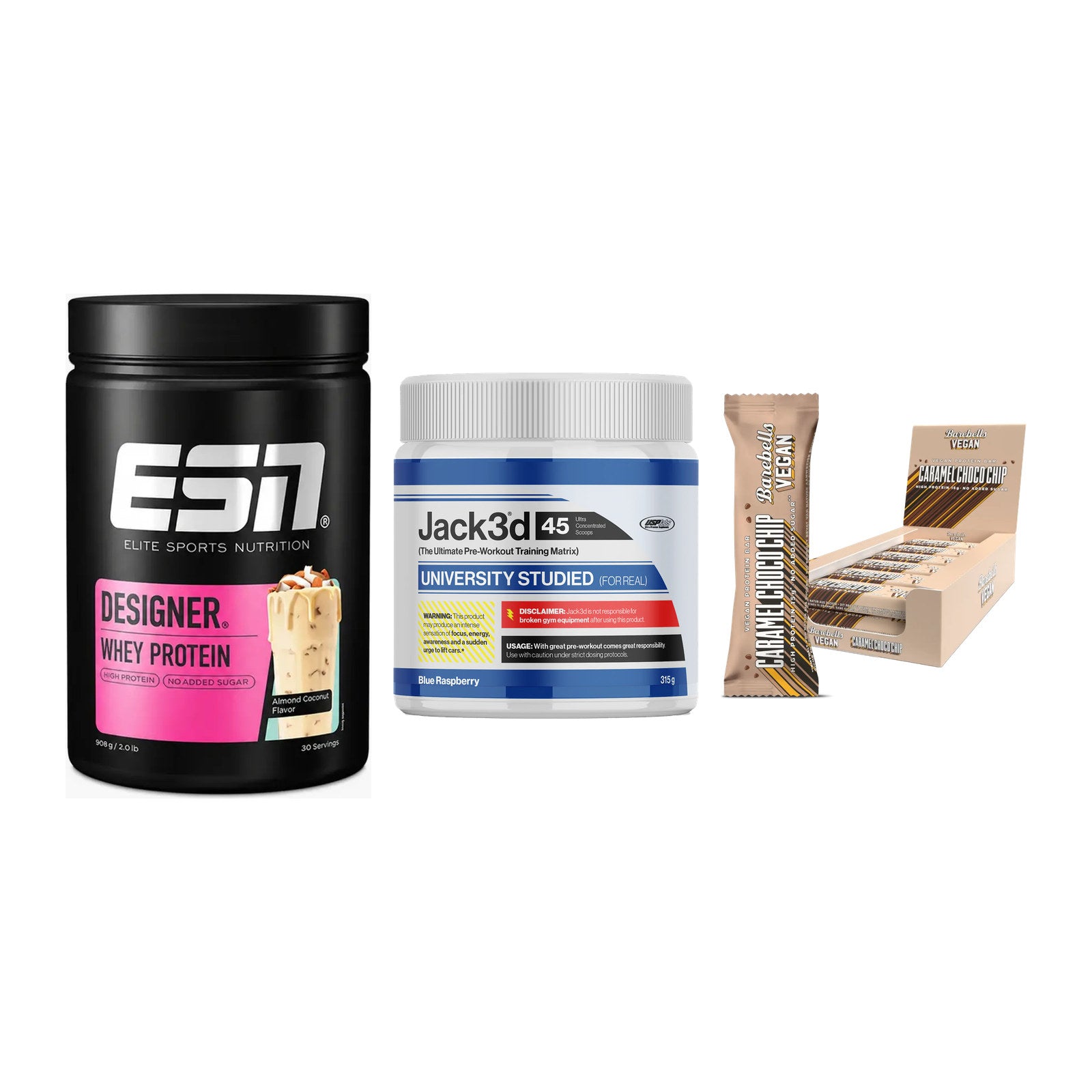 Home-Gym-Starter: ESN Designer + USP Labs Jack3d + 5× Barebells Vegan – alle enthaltenen Artikel