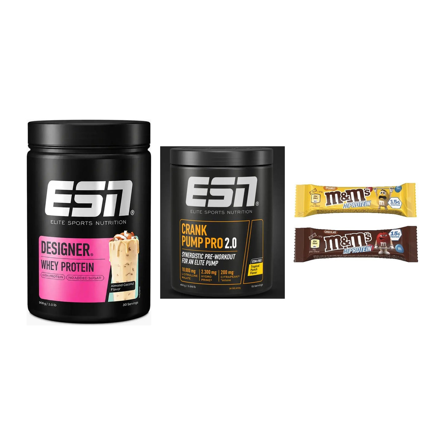 Home-Gym-Starter: ESN Designer + ESN Crank Pump + 5× M&M Protein Bar – alle enthaltenen Artikel