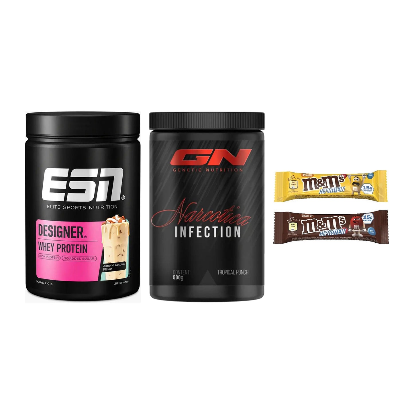 Home-Gym-Starter: ESN Designer + GN Narcotica + 5× M&M Protein Bar – alle enthaltenen Artikel