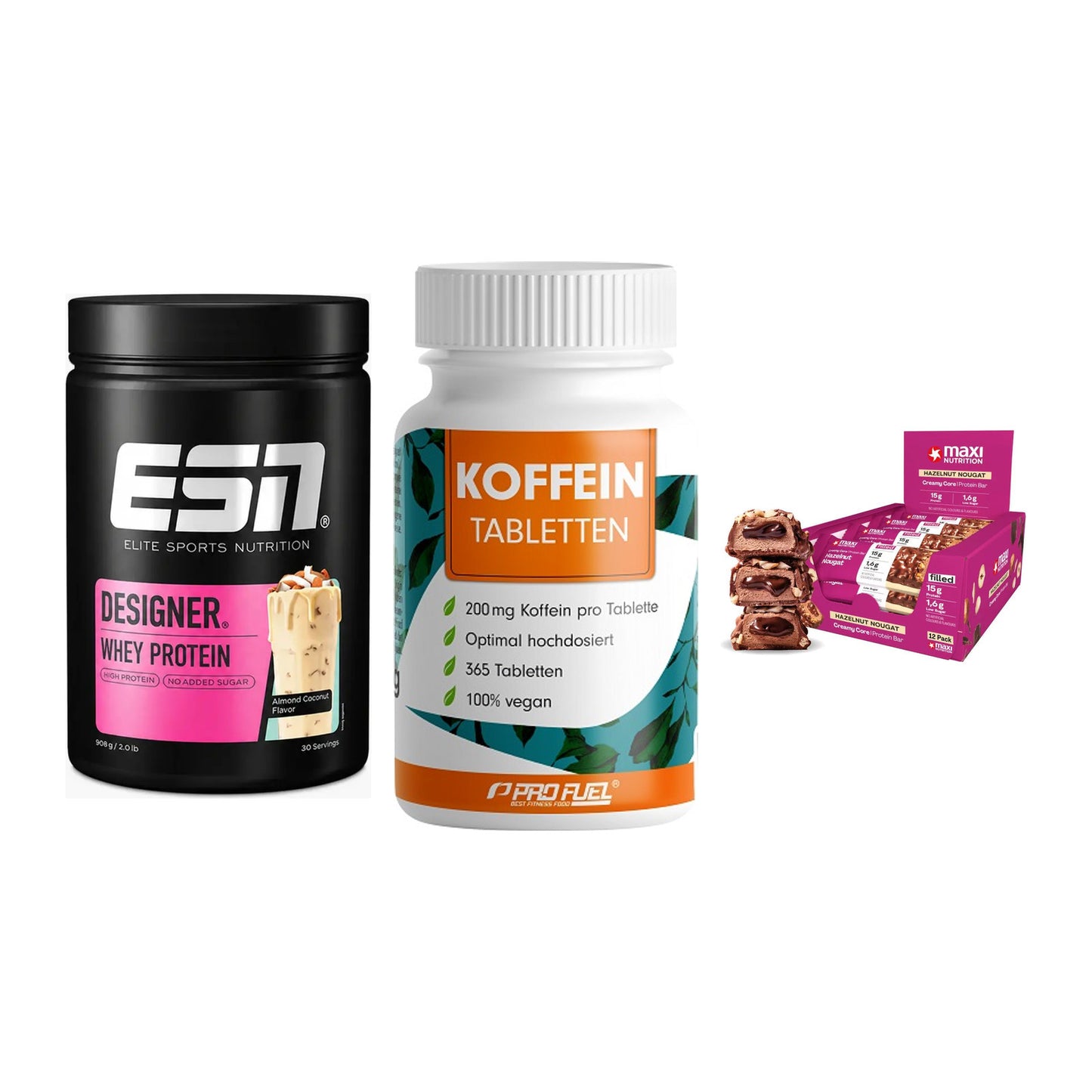 Home-Gym-Starter: ESN Designer + ProFuel Koffein + 5× MaxiNutrition – alle enthaltenen Artikel