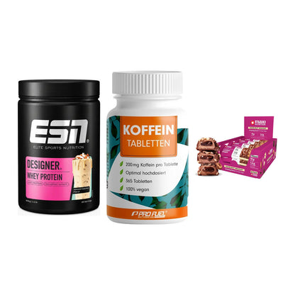 Home-Gym-Starter: ESN Designer + ProFuel Koffein + 5× MaxiNutrition – alle enthaltenen Artikel