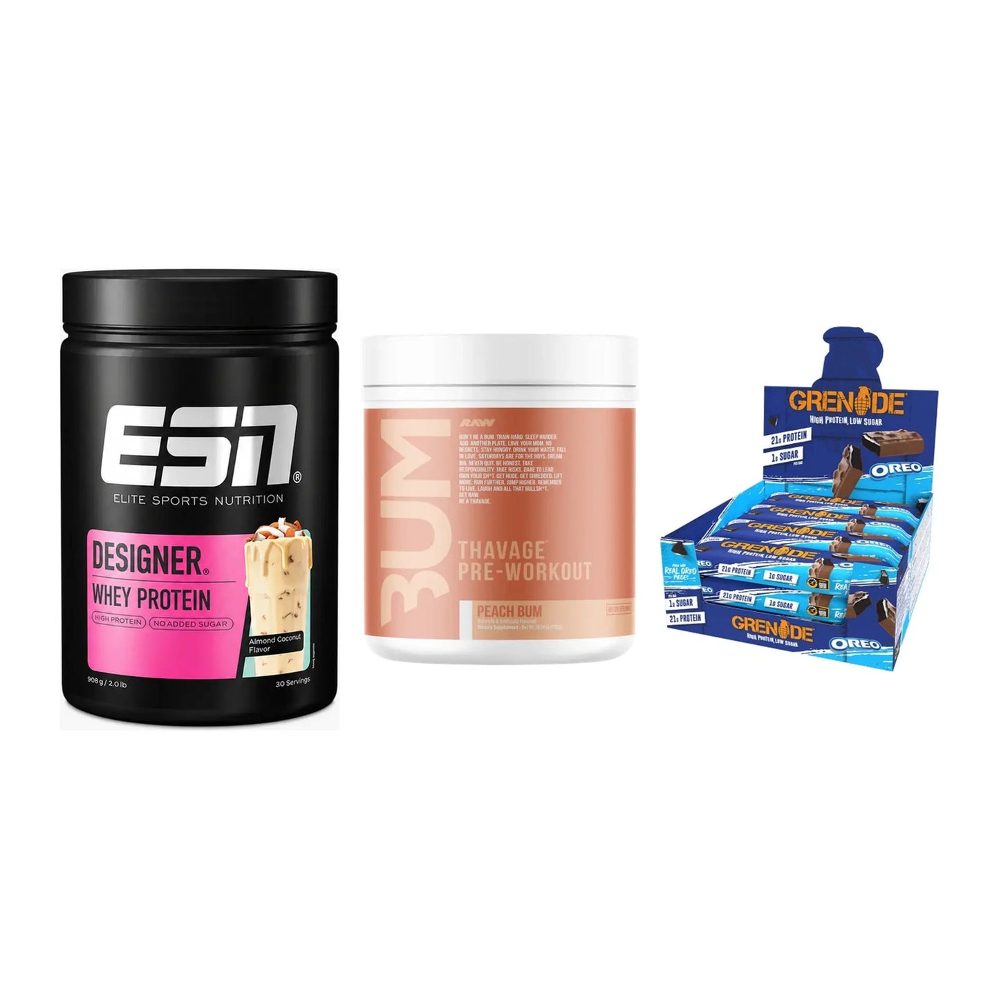 Home-Gym-Starter: ESN Designer + RAW Nutrition + 5× Grenade Protein – alle enthaltenen Artikel