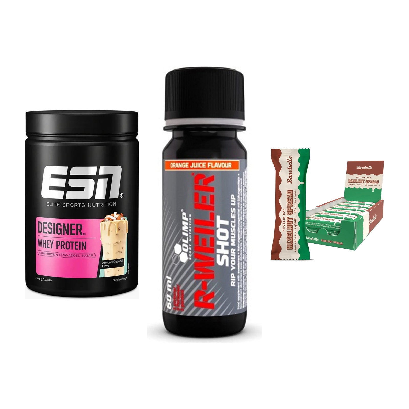 Home-Gym-Starter: ESN Designer + Olimp R-Weiler + 5× Barebells – alle enthaltenen Artikel