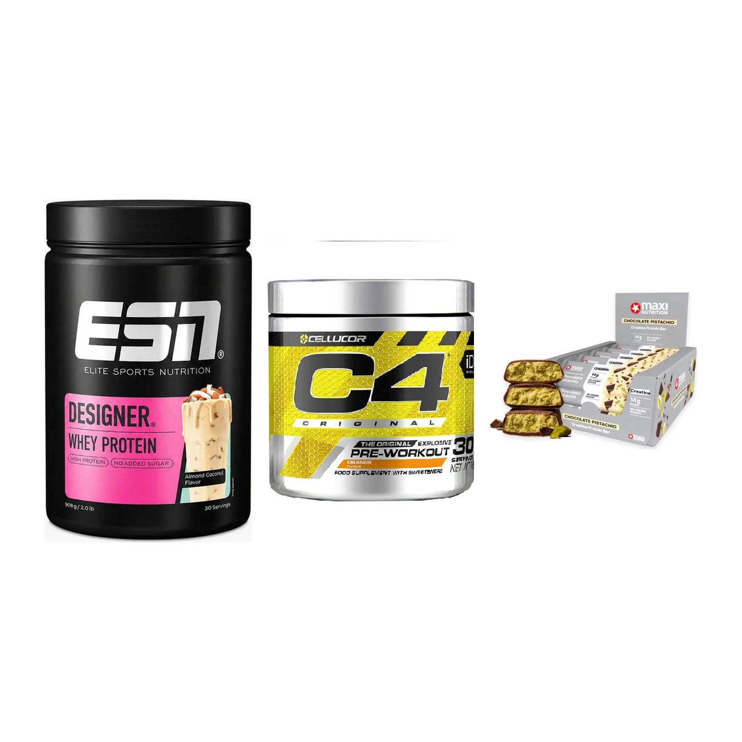 Home-Gym-Starter: ESN Designer + Cellucor C4 + 5× MaxiNutrition – alle enthaltenen Artikel