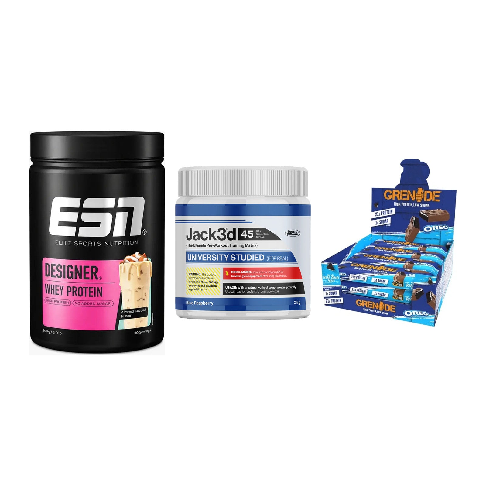 Home-Gym-Starter: ESN Designer + USP Labs Jack3d + 5× Grenade Protein – alle enthaltenen Artikel