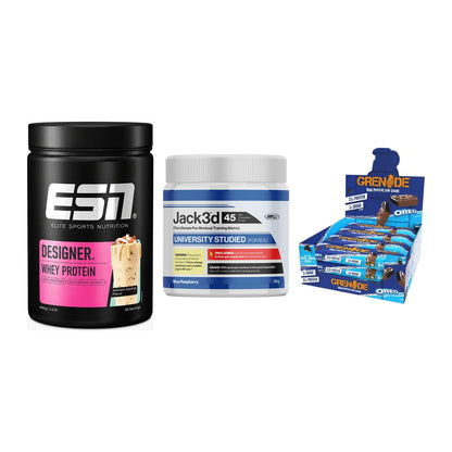 Home-Gym-Starter: ESN Designer + USP Labs Jack3d + 5× Grenade Protein – alle enthaltenen Artikel
