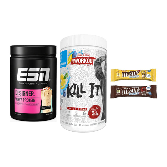 Home-Gym-Starter: ESN Designer + Rich Piana 5% + 5× M&M Protein Bar – alle enthaltenen Artikel