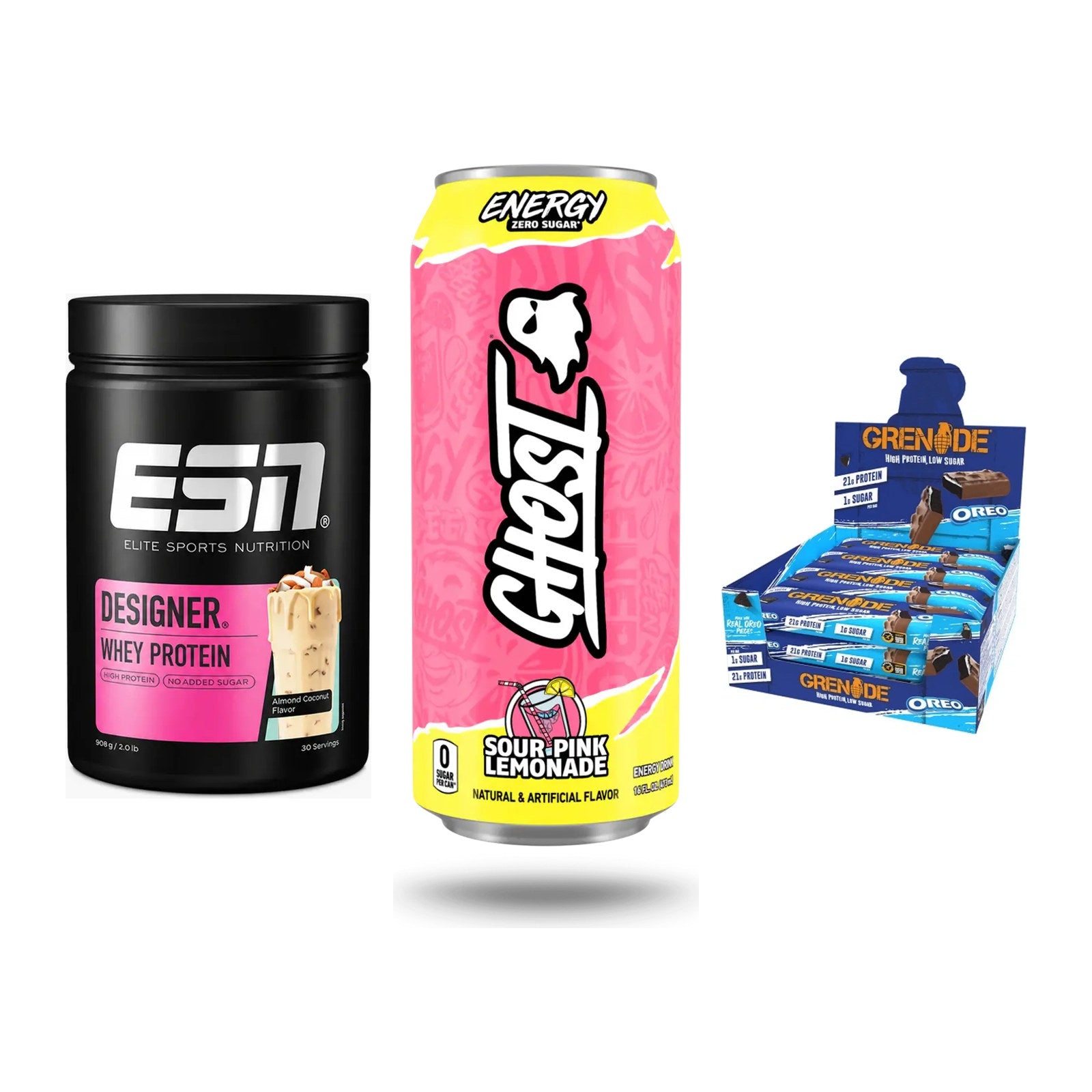 Home-Gym-Starter: ESN Designer + Ghost Energy + 5× Grenade Protein – alle enthaltenen Artikel