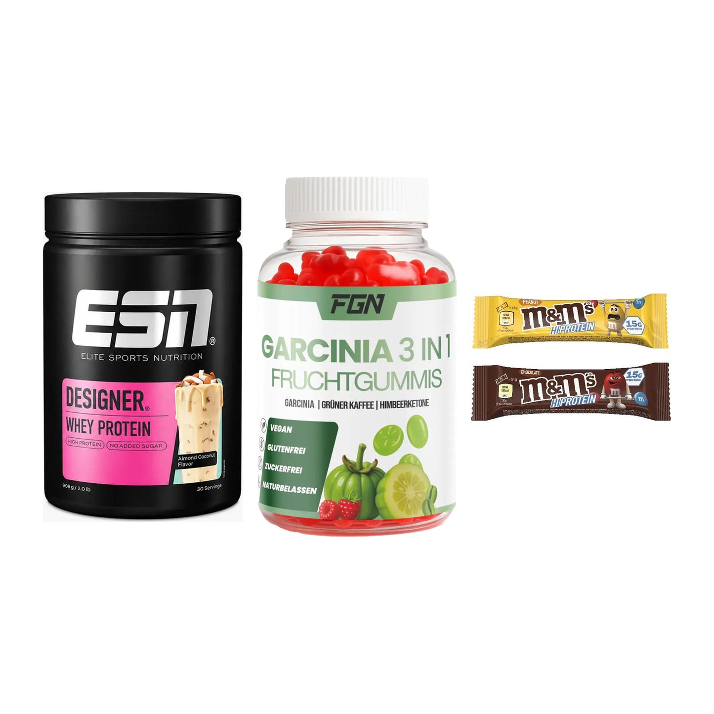 Home-Gym-Starter: ESN Designer + FGN Garcinia 60 + 5× M&M Protein Bar – alle enthaltenen Artikel