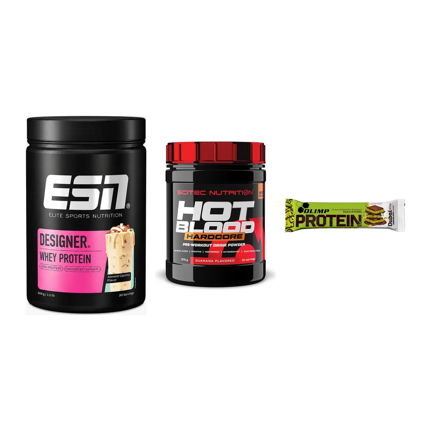 Home-Gym-Starter: ESN Designer + Scitec Hot + 5× Olimp Protein – alle enthaltenen Artikel