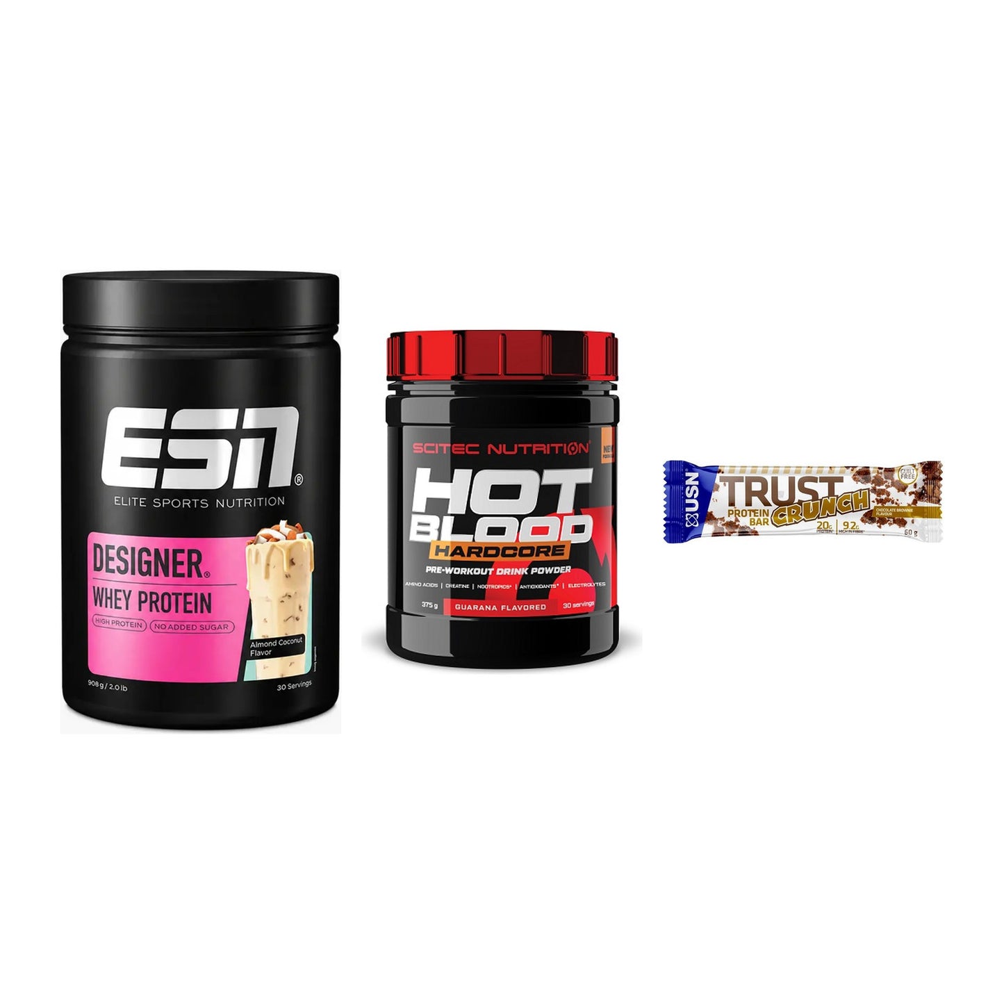Home-Gym-Starter: ESN Designer + Scitec Hot + 5× USN TRUST – alle enthaltenen Artikel