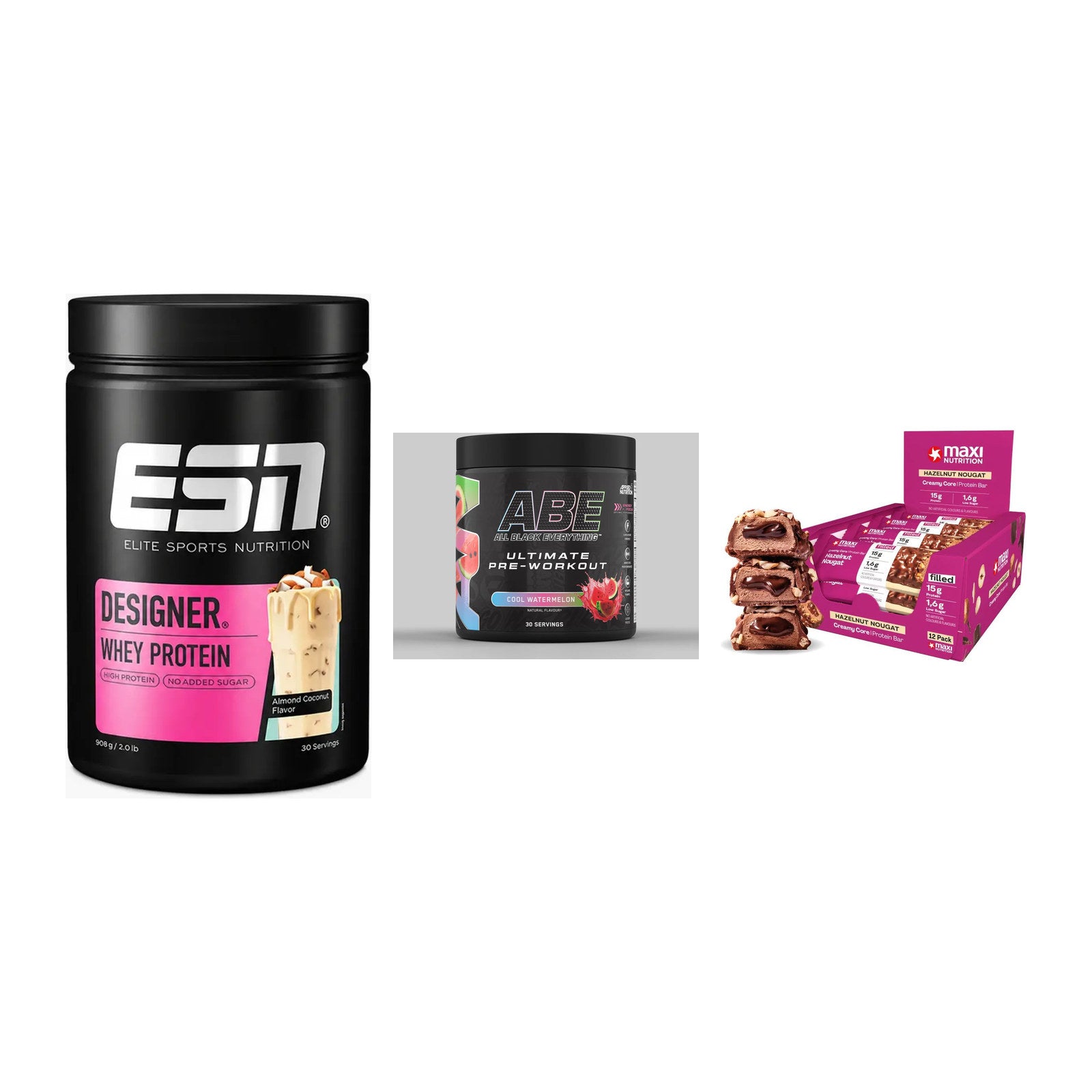 Home-Gym-Starter: ESN Designer + Applied Nutriti + 5× MaxiNutrition – alle enthaltenen Artikel