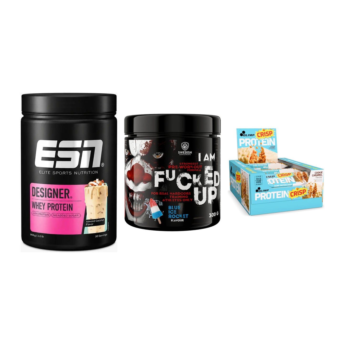 Home-Gym-Starter: ESN Designer + Swedish Supplem + 5× Olimp Protein – alle enthaltenen Artikel