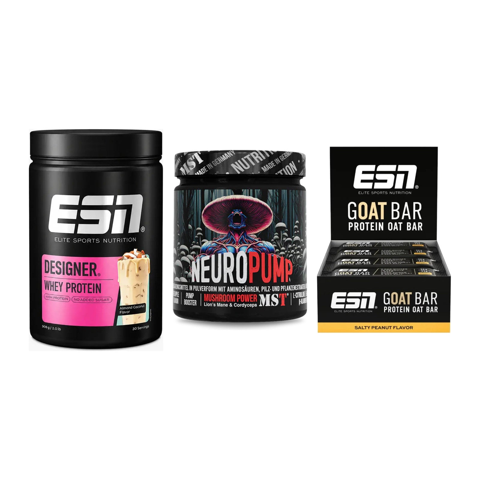 Home-Gym-Starter: ESN Designer Whey + MST NeuroPump + 5× ESN Goat Bar – alle enthaltenen Artikel