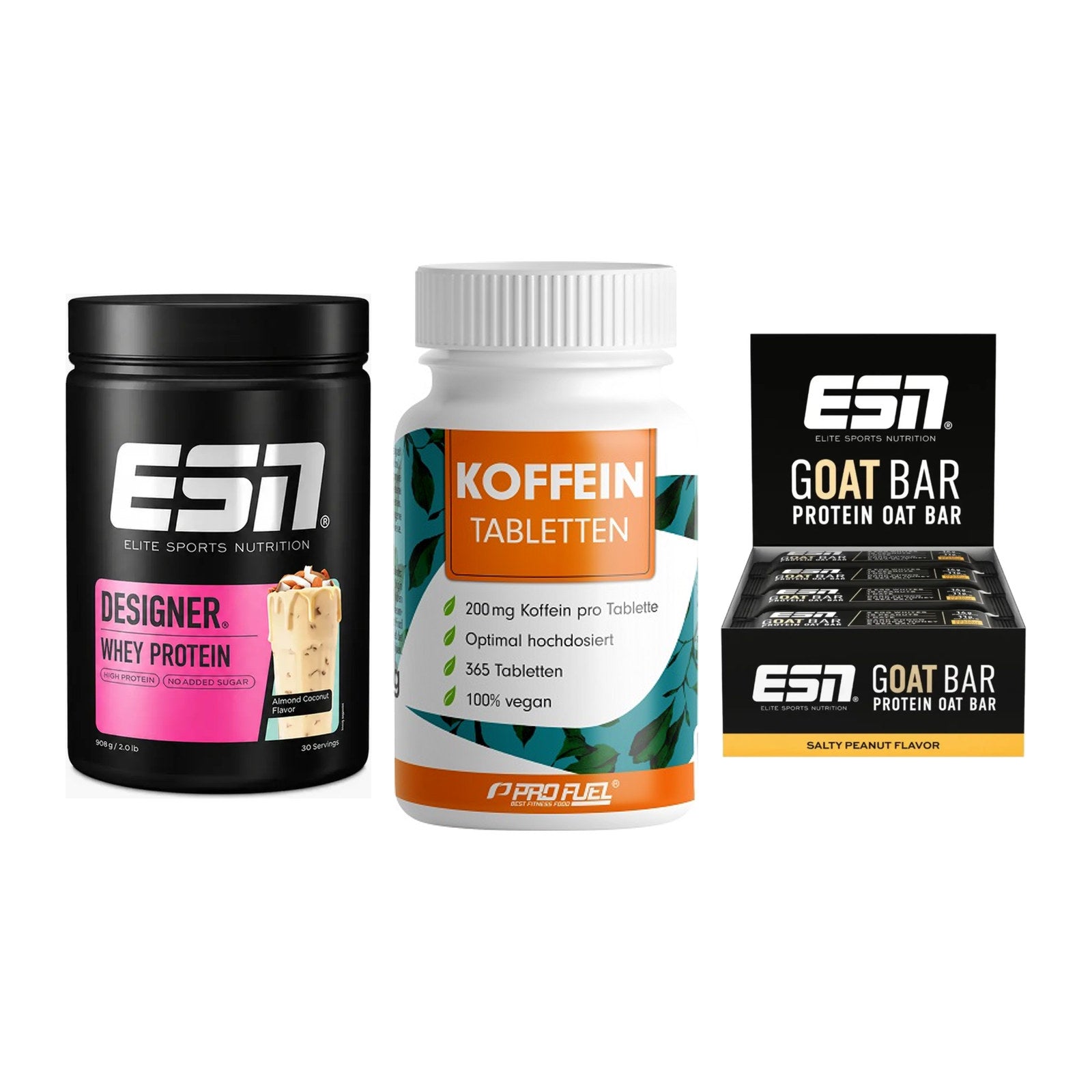 Home-Gym-Starter: ESN Designer + ProFuel Koffein + 5× ESN Goat Bar – alle enthaltenen Artikel