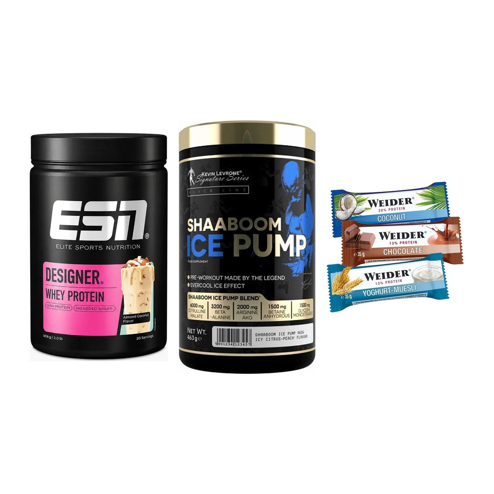 Home-Gym-Starter: ESN Designer + Kevin Levrone + 5× Weider BAR – alle enthaltenen Artikel