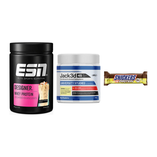 Home-Gym-Starter: ESN Designer + USP Labs Jack3d + 5× Snickers High – alle enthaltenen Artikel