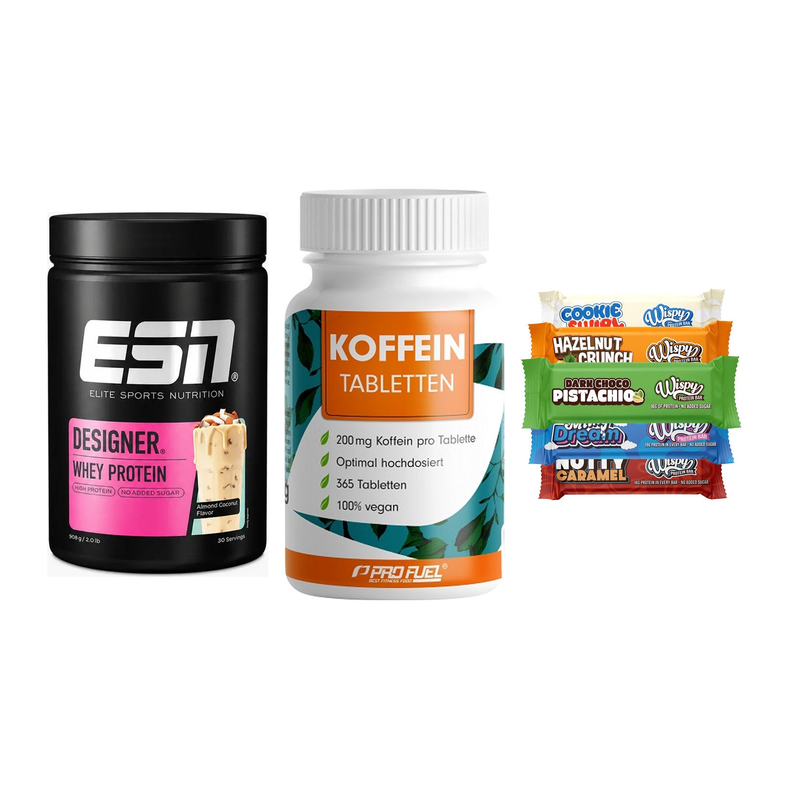 Home-Gym-Starter: ESN Designer + ProFuel Koffein + 5× Wispy Protein – alle enthaltenen Artikel
