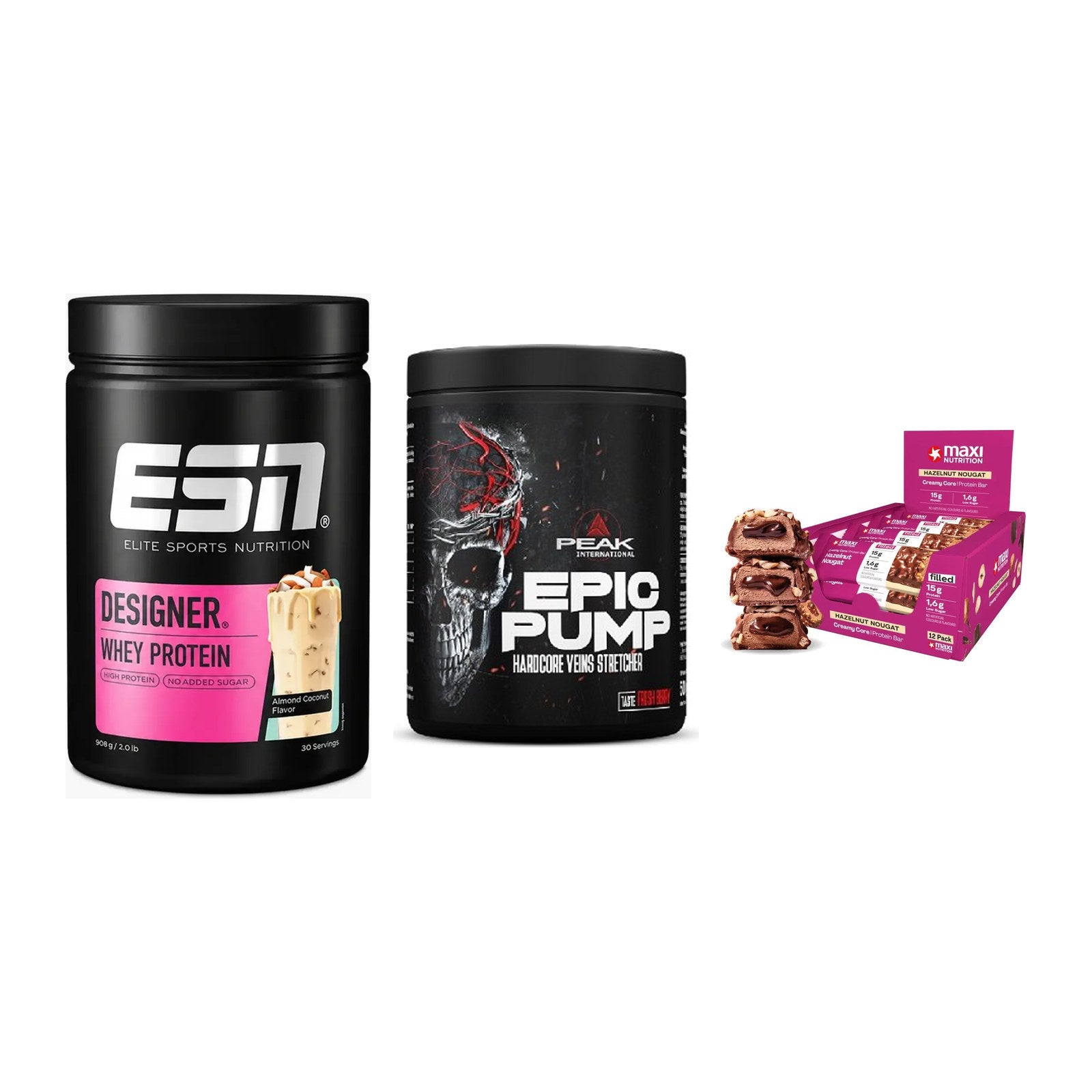 Home-Gym-Starter: ESN Designer + Peak EPIC Pump + 5× MaxiNutrition – alle enthaltenen Artikel