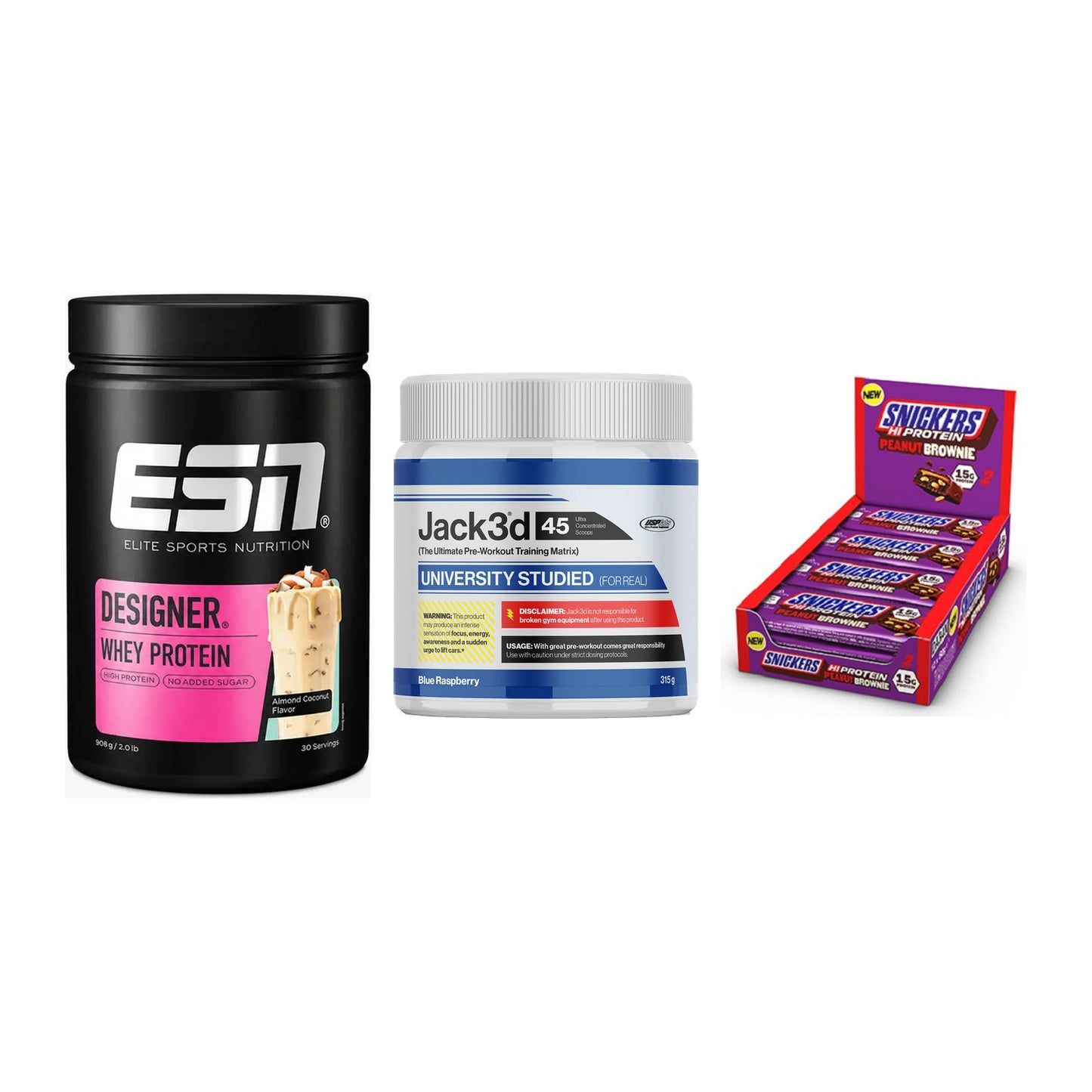 Home-Gym-Starter: ESN Designer + USP Labs Jack3d + 5× Snickers High – alle enthaltenen Artikel