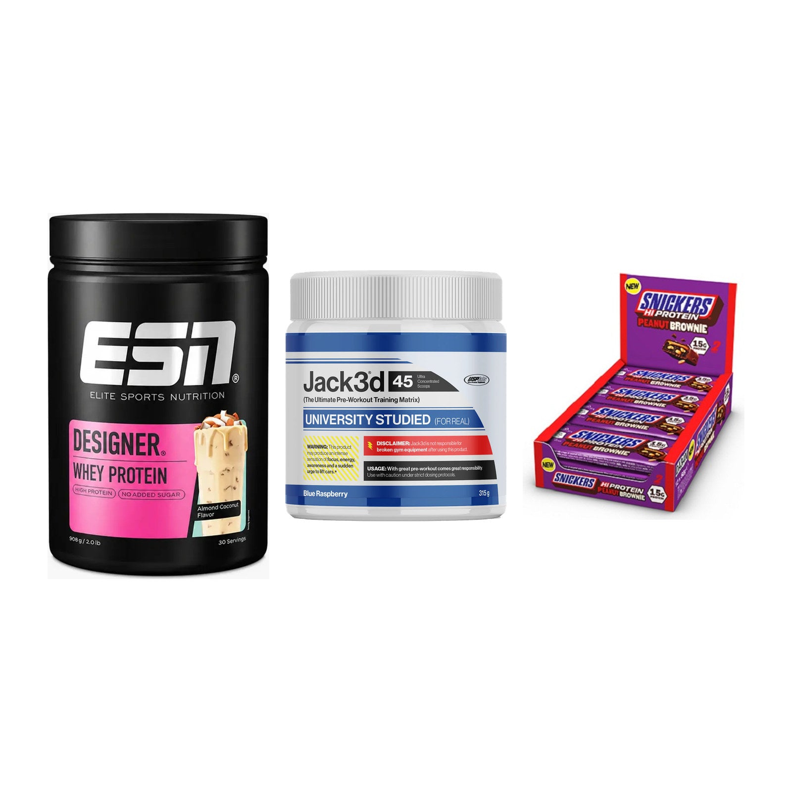Home-Gym-Starter: ESN Designer + USP Labs Jack3d + 5× Snickers High – alle enthaltenen Artikel