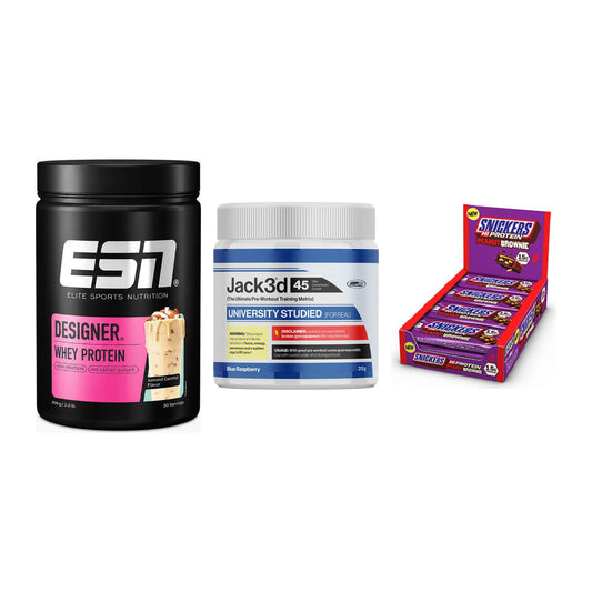 Home-Gym-Starter: ESN Designer + USP Labs Jack3d + 5× Snickers High – alle enthaltenen Artikel