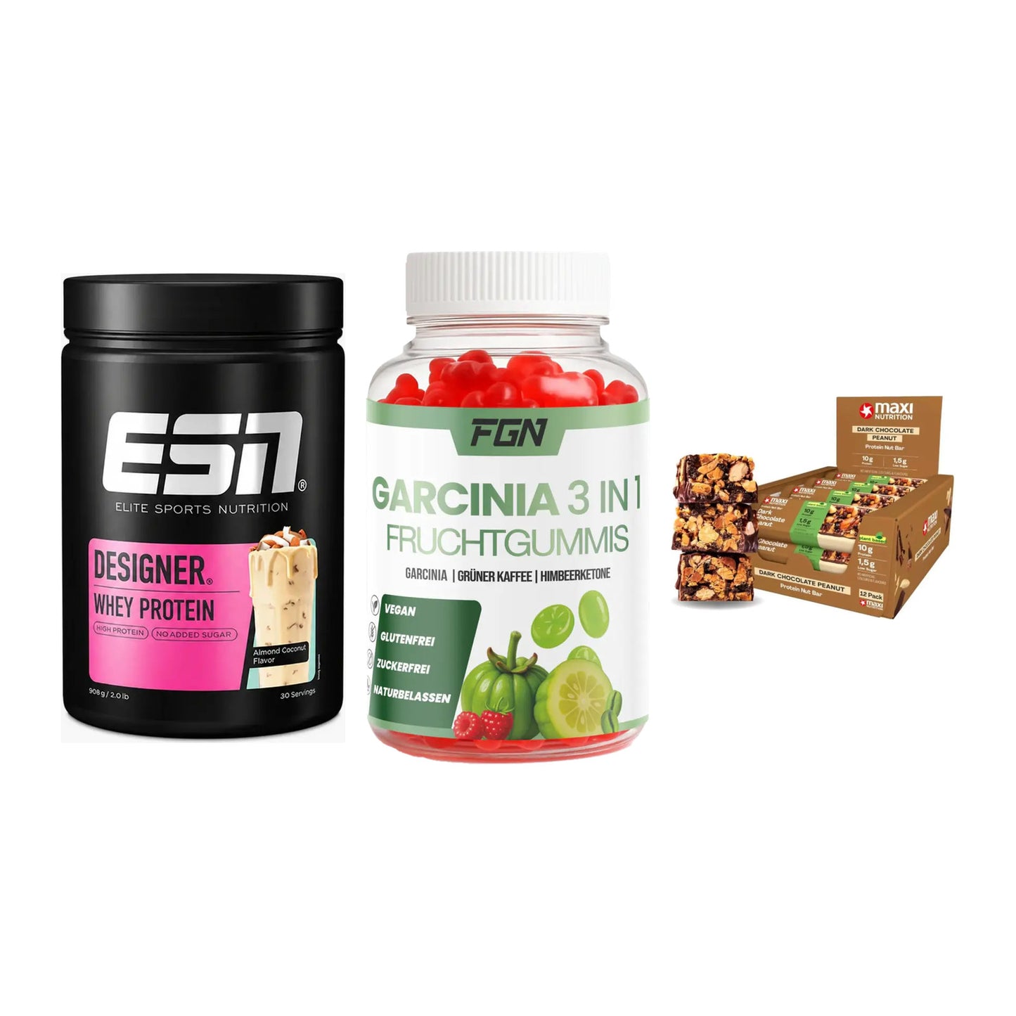Home-Gym-Starter: ESN Designer + FGN Garcinia 60 + 5× MaxiNutrition – alle enthaltenen Artikel