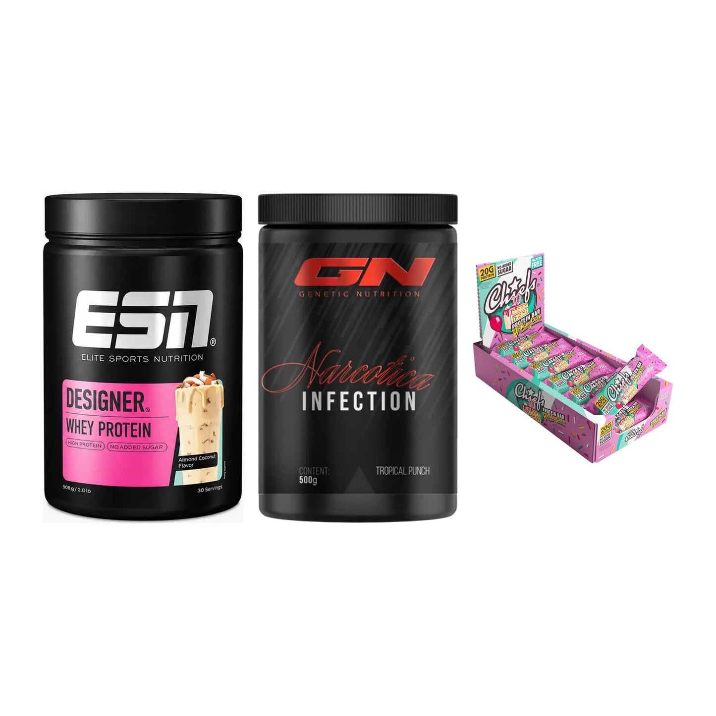 Home-Gym-Starter: ESN Designer + GN Narcotica + 5× Chiefs Protein – alle enthaltenen Artikel