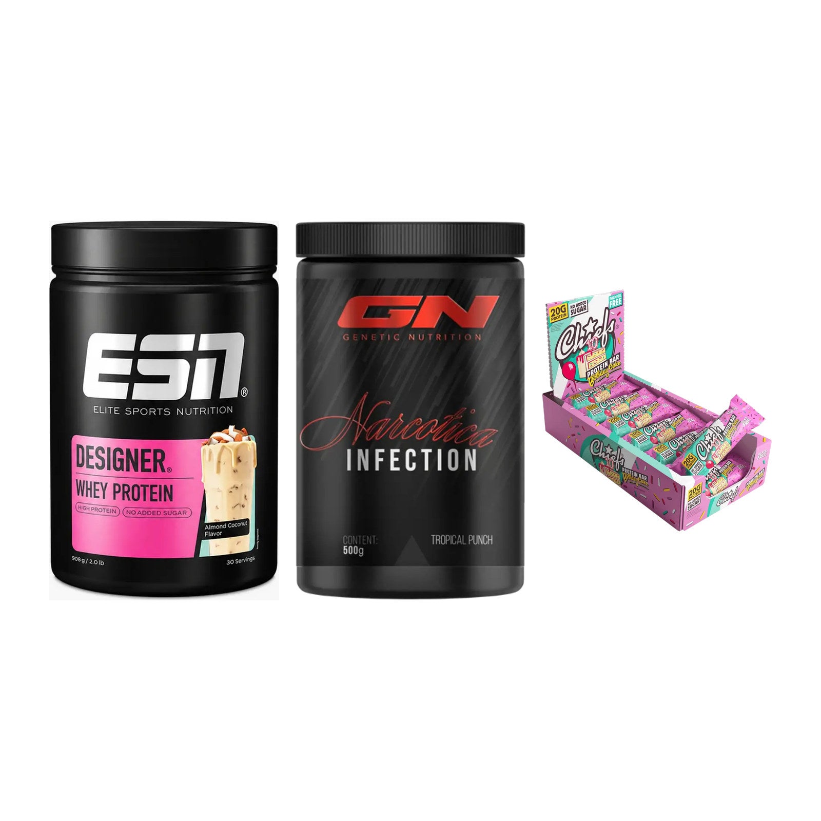 Home-Gym-Starter: ESN Designer + GN Narcotica + 5× Chiefs Protein – alle enthaltenen Artikel