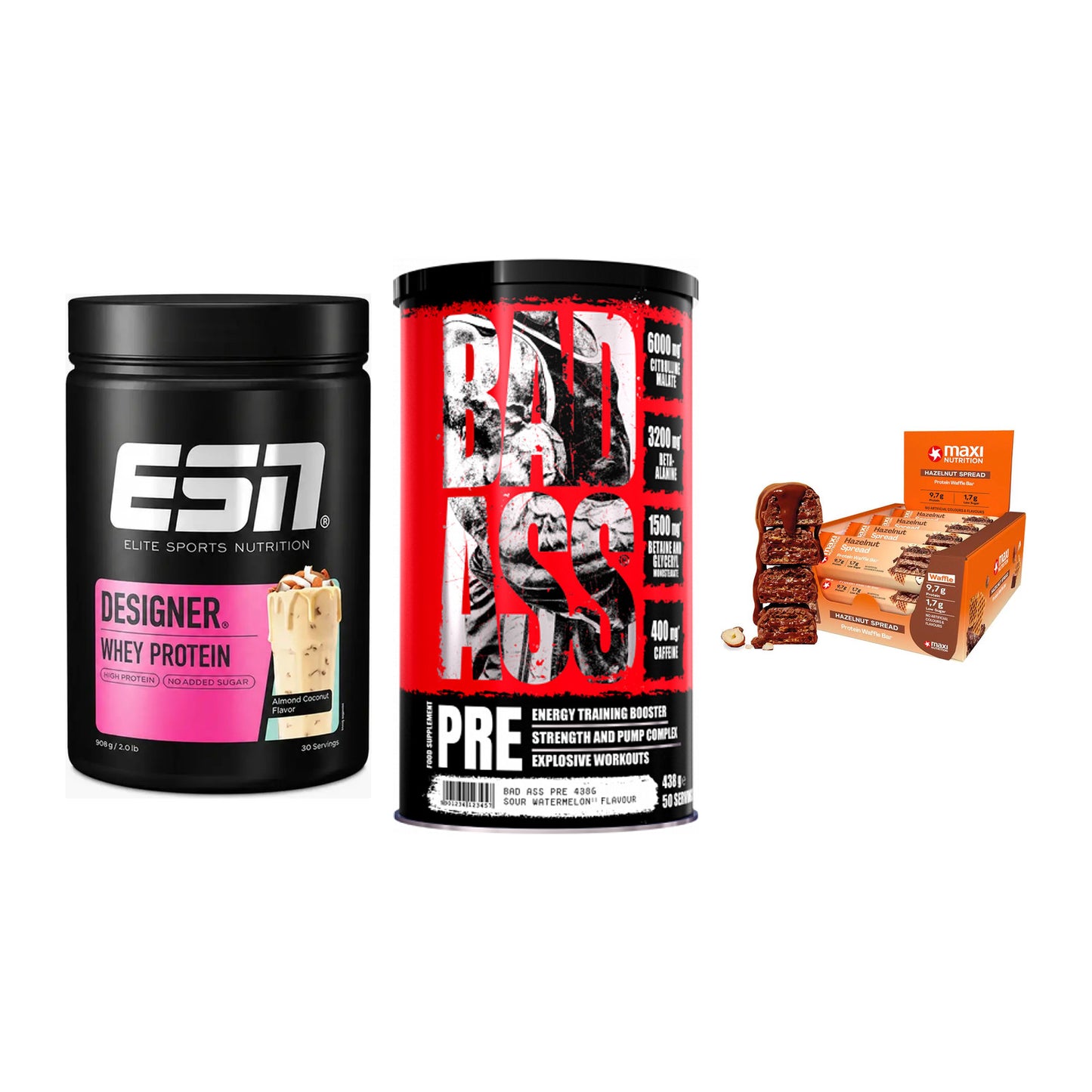 Home-Gym-Starter: ESN Designer + BAD ASS Pre + 5× MaxiNutrition – alle enthaltenen Artikel
