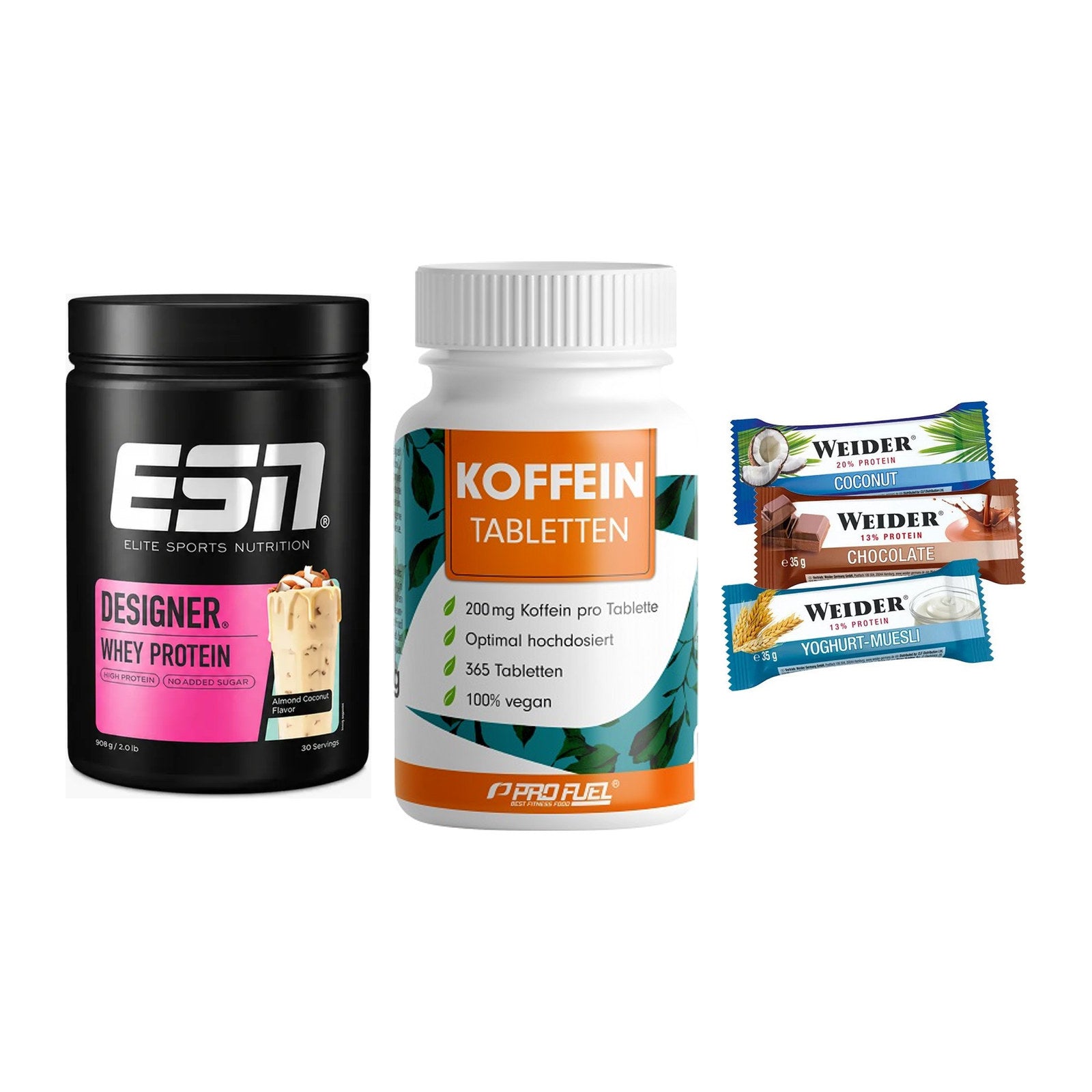 Home-Gym-Starter: ESN Designer + ProFuel Koffein + 5× Weider BAR – alle enthaltenen Artikel