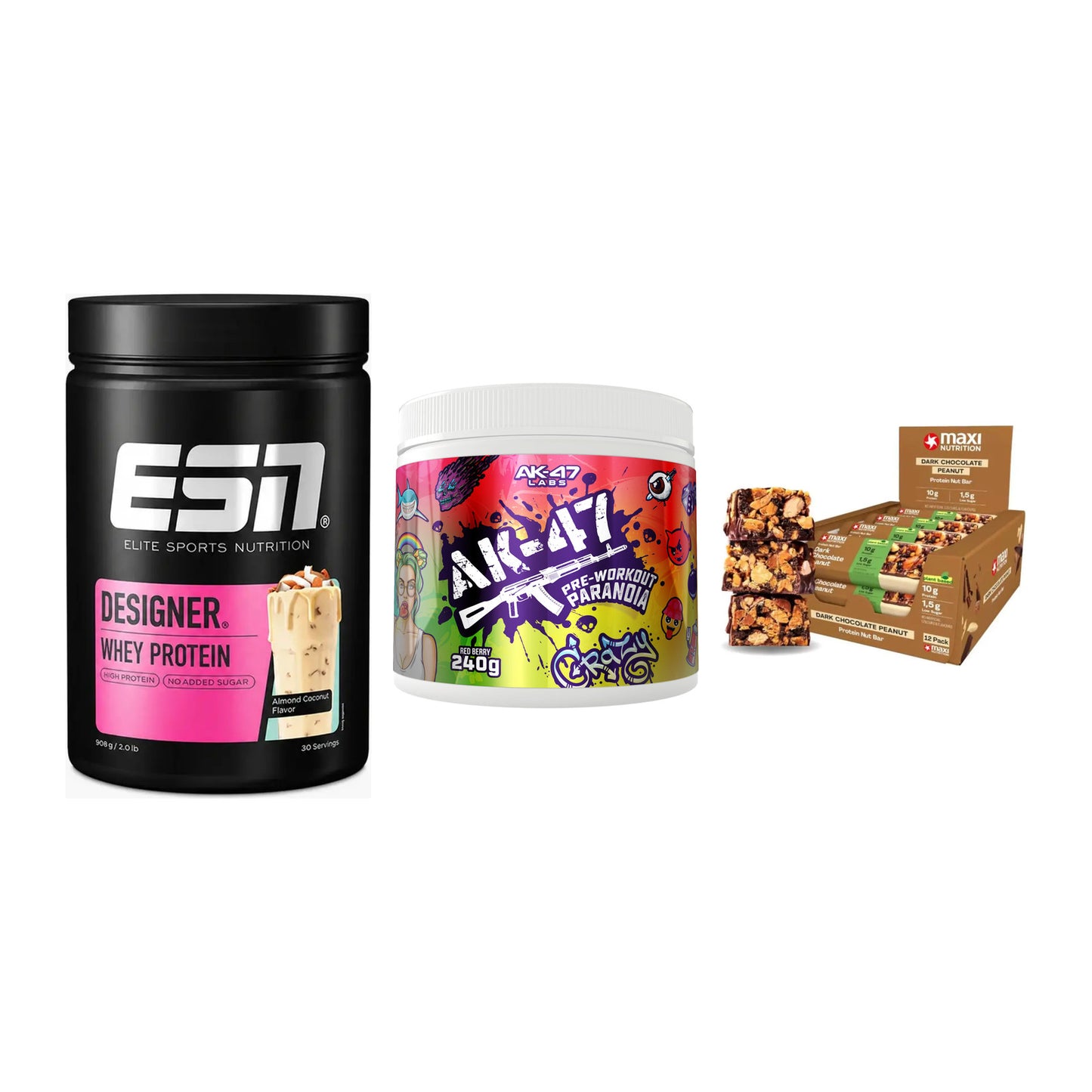 Home-Gym-Starter: ESN Designer + AK47 Labs + 5× MaxiNutrition – alle enthaltenen Artikel