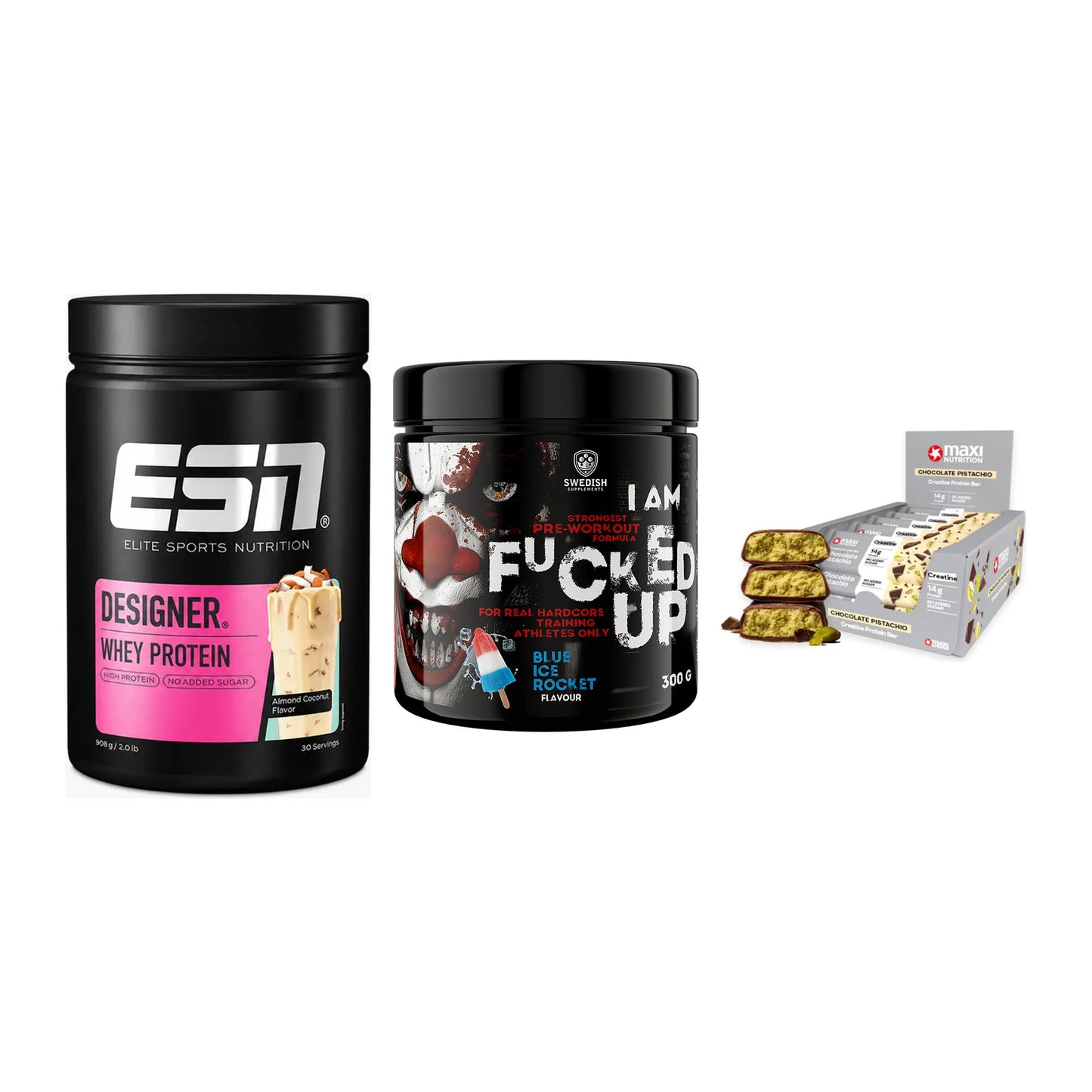 Home-Gym-Starter: ESN Designer + Swedish Supplem + 5× MaxiNutrition – alle enthaltenen Artikel