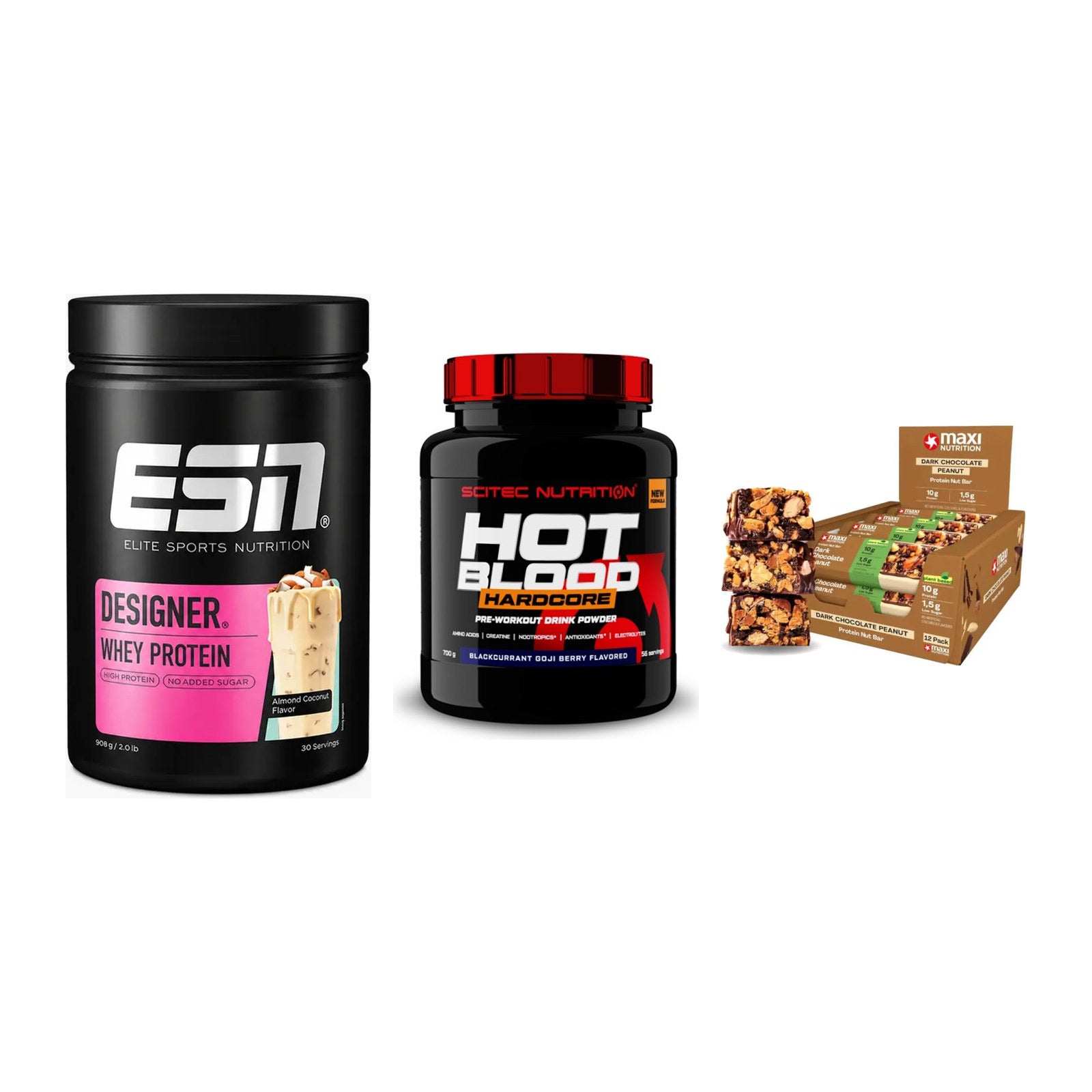 Home-Gym-Starter: ESN Designer + Scitec Hot + 5× MaxiNutrition – alle enthaltenen Artikel