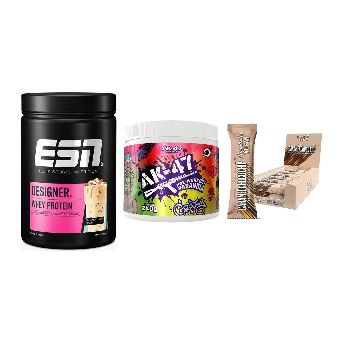 Home-Gym-Starter: ESN Designer + AK47 Labs + 5× Barebells Vegan – alle enthaltenen Artikel