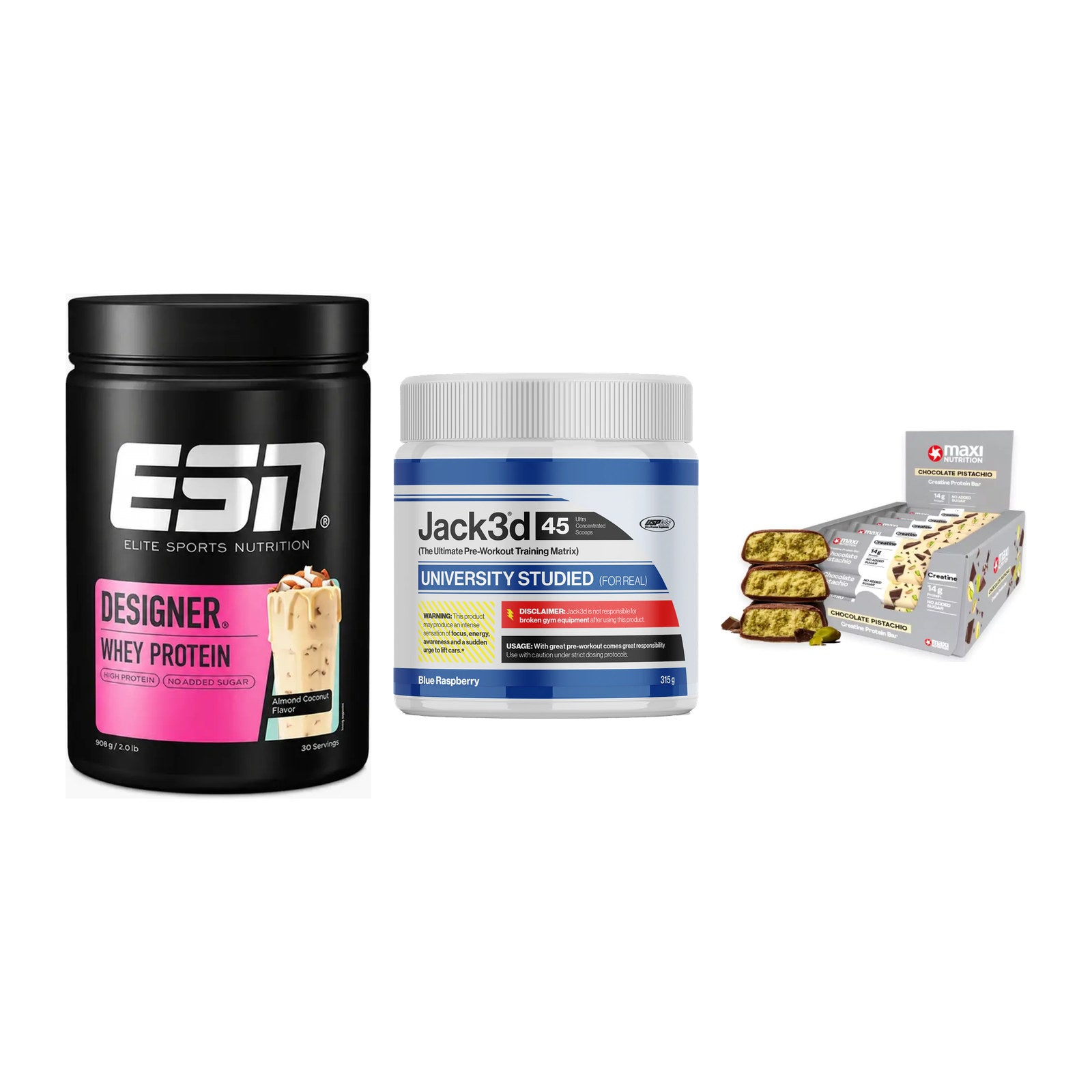 Home-Gym-Starter: ESN Designer + USP Labs Jack3d + 5× MaxiNutrition – alle enthaltenen Artikel