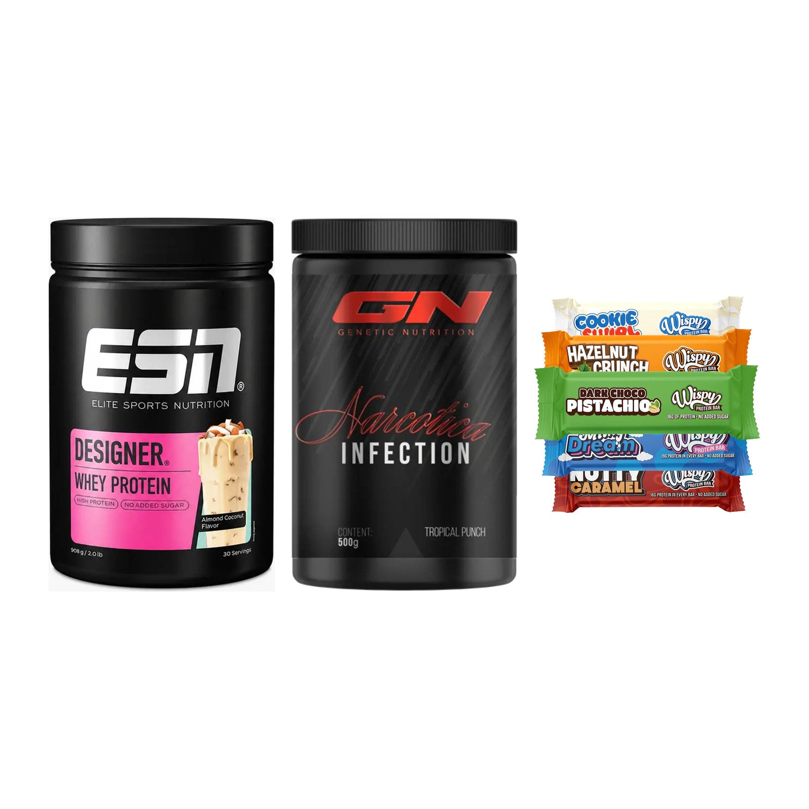 Home-Gym-Starter: ESN Designer + GN Narcotica + 5× Wispy Protein – alle enthaltenen Artikel