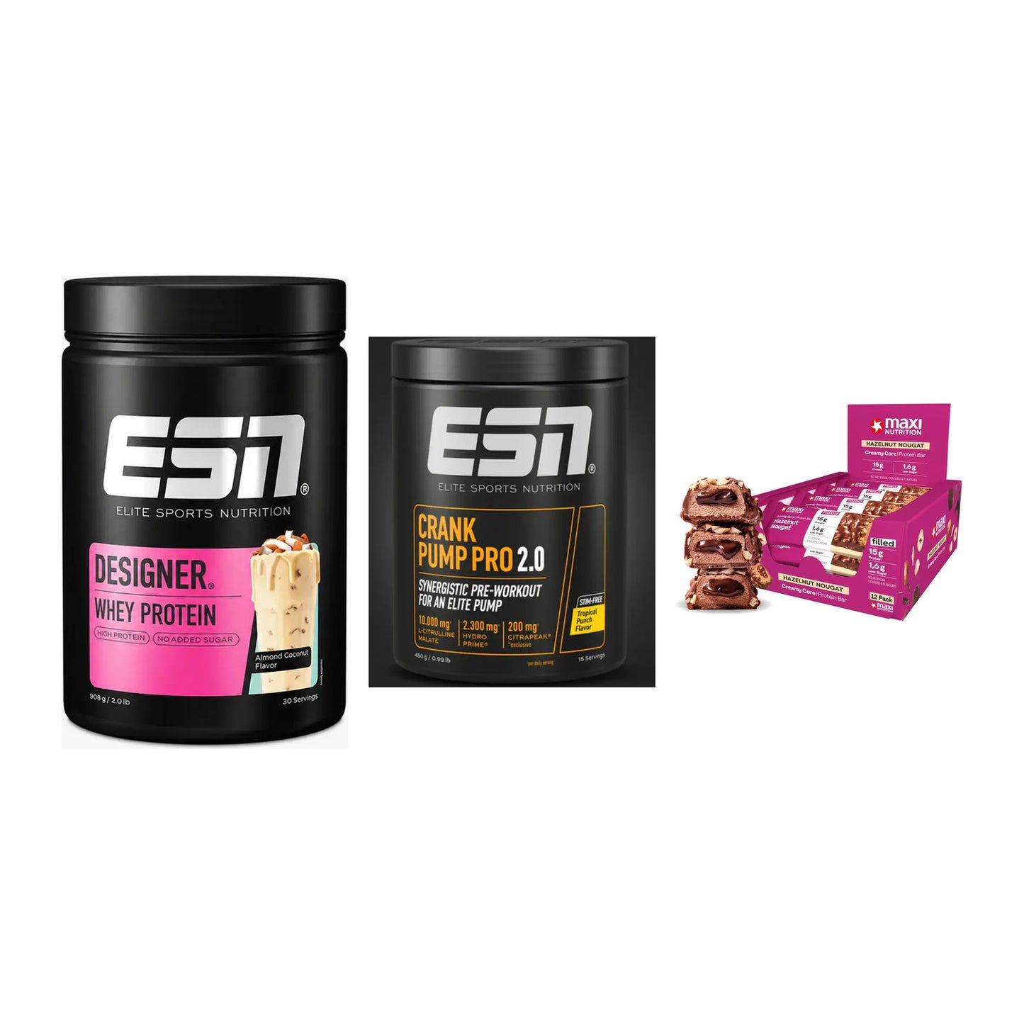 Home-Gym-Starter: ESN Designer + ESN Crank Pump + 5× MaxiNutrition – alle enthaltenen Artikel