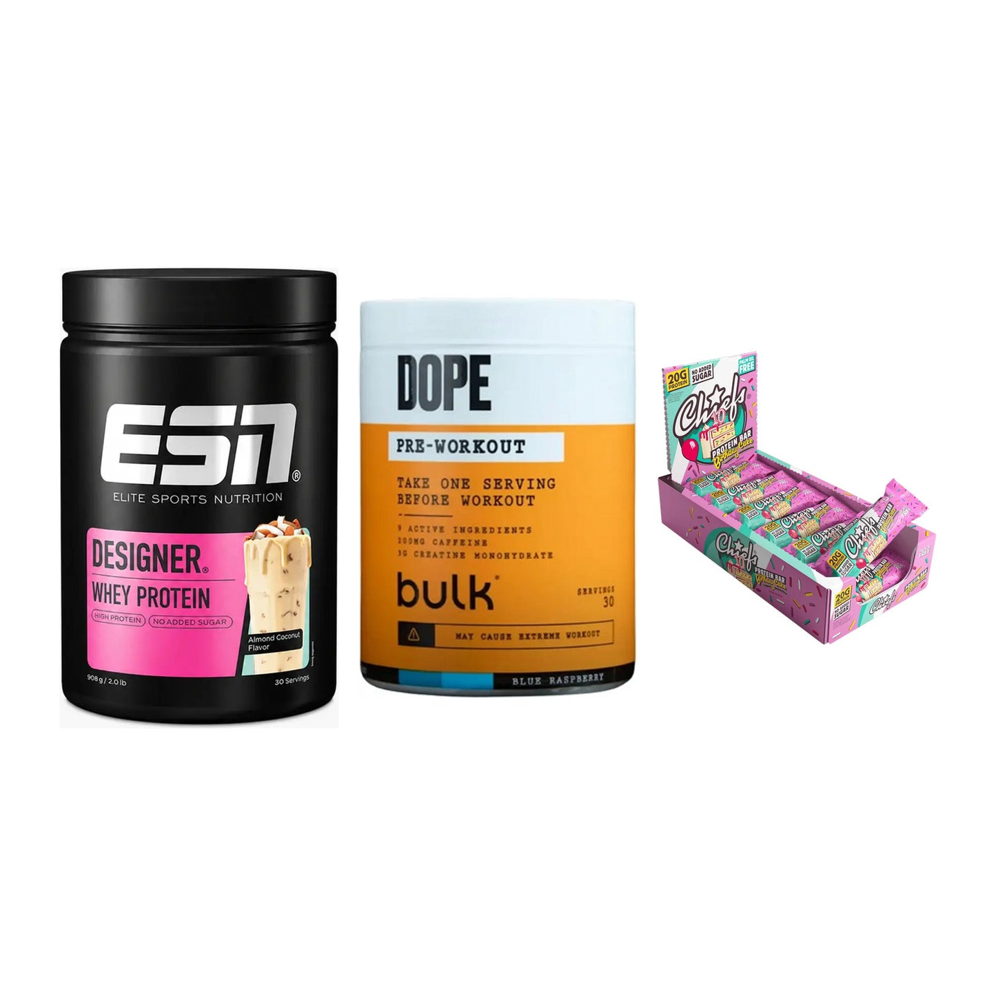 Home-Gym-Starter: ESN Designer + Bulk Dope + 5× Chiefs Protein – alle enthaltenen Artikel