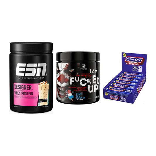 Home-Gym-Starter: ESN Designer + Swedish Supplem + 5× Snickers LOW – alle enthaltenen Artikel